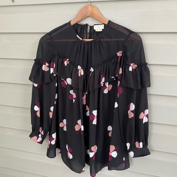 KATE SPADE Black Floral ruffle blouse NWOT preppy cute chic spring chiffon sz S - Picture 2 of 14